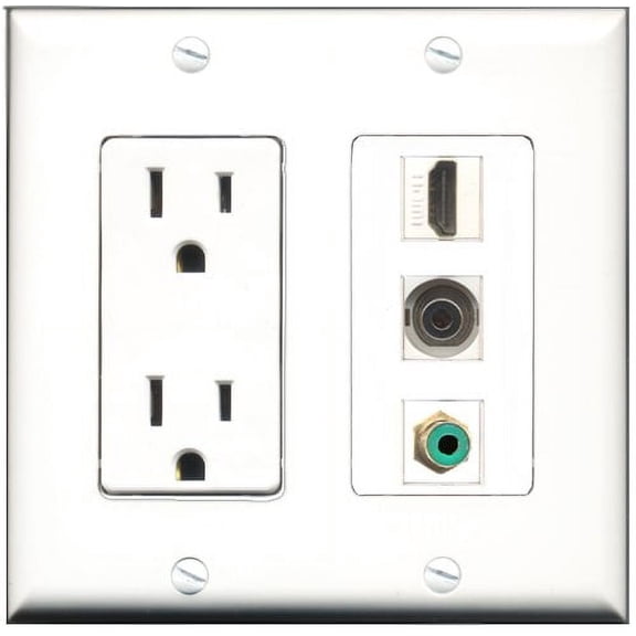 RiteAV - 15 Amp Power Outlet 1 Port HDMI 1 Port RCA Green 1 Port 3.5mm Decorative Wall Plate