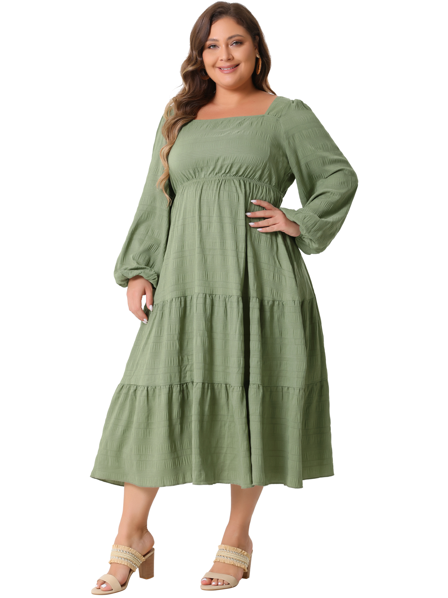 DARING DIVA Plus Size Casual Midi Square Neck Long SleeveTiered Dress 2X Green