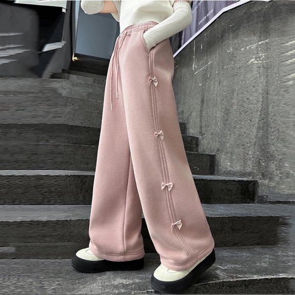 Girls Cute Lounge Pants,Soft Wide Leg Sweatpants with Bow for Kids,Pink Elastic Waist Pants with Side Pockets for School,Size 7-8 T
