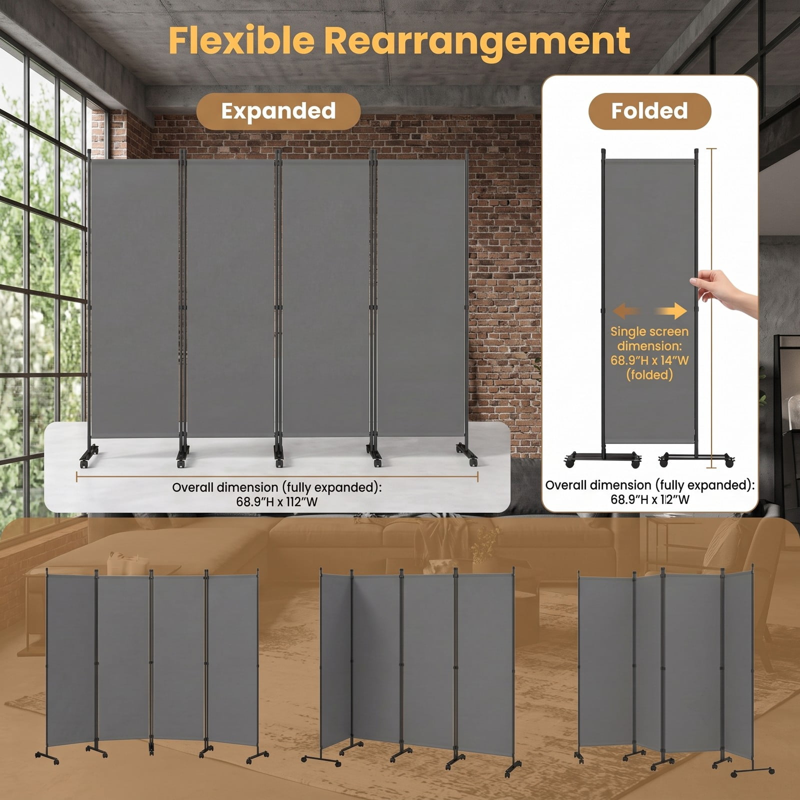 ALPULON 4-Panel Room Divider Freestanding Privacy Screen with 10 Lockable Wheels, Foldable Polyester Fabric Partition with Heavy-Duty Metal Frame for Living Room, Gray