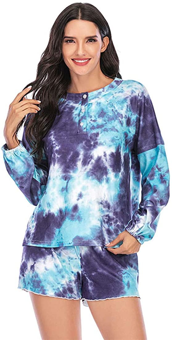 Women's Tie Dye Printed Pajamas Sets Long Sleeve and Shorts Pants Pjs