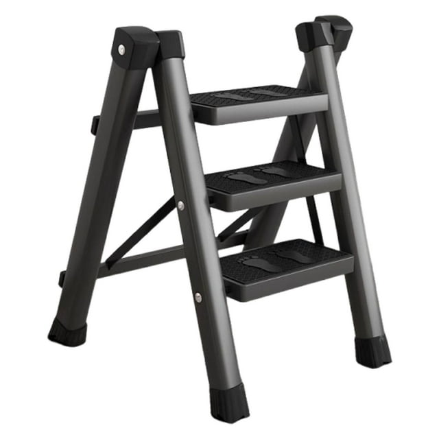 davian Folding Ladder 3 Step Portable Antislip Stepladder Sturdy Iron Work Ladder Compact Multifunctional Lightweight Suitable for Household Kitchen Garage I Black