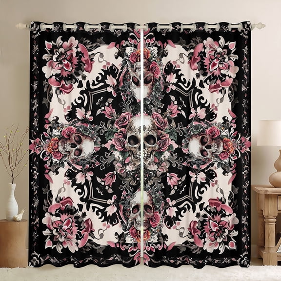 Manfei Halloween Skeleton Black Out Curtains,Retro Damask Print Curtains Pack of 2 (42x63 Each),Pink Flower Floral Bedroom Curtains For Children,Ultra Soft Home Decor