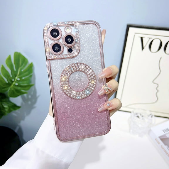 Compatible with iPhone 14 Pro Max Magnetic Gradient Glitter Case Luxury Plating Rhinestone Bling Soft TPU Clear Sparkle Case with MagSafe and Camera Lens Protection for Women Girls - Pink