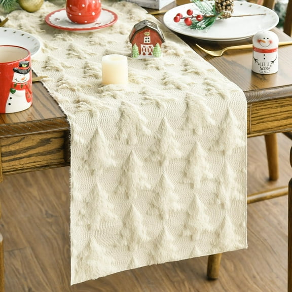 SXFVHN Christmas Table Runner with Trees Design, Green Plush Faux Fur and Jacquard Holiday Table Decor for Kitchen Dining, Festive Home Party Runner, 13x72 Inch