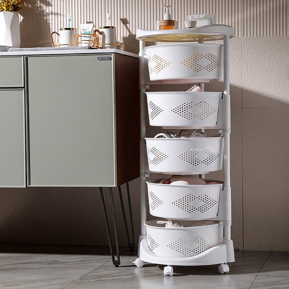 FOGGBET 5 Layer Kitchen Rotating Organizer Rack Carbon Steel Fruit Vegetable Storage Basket w/ Wheels White