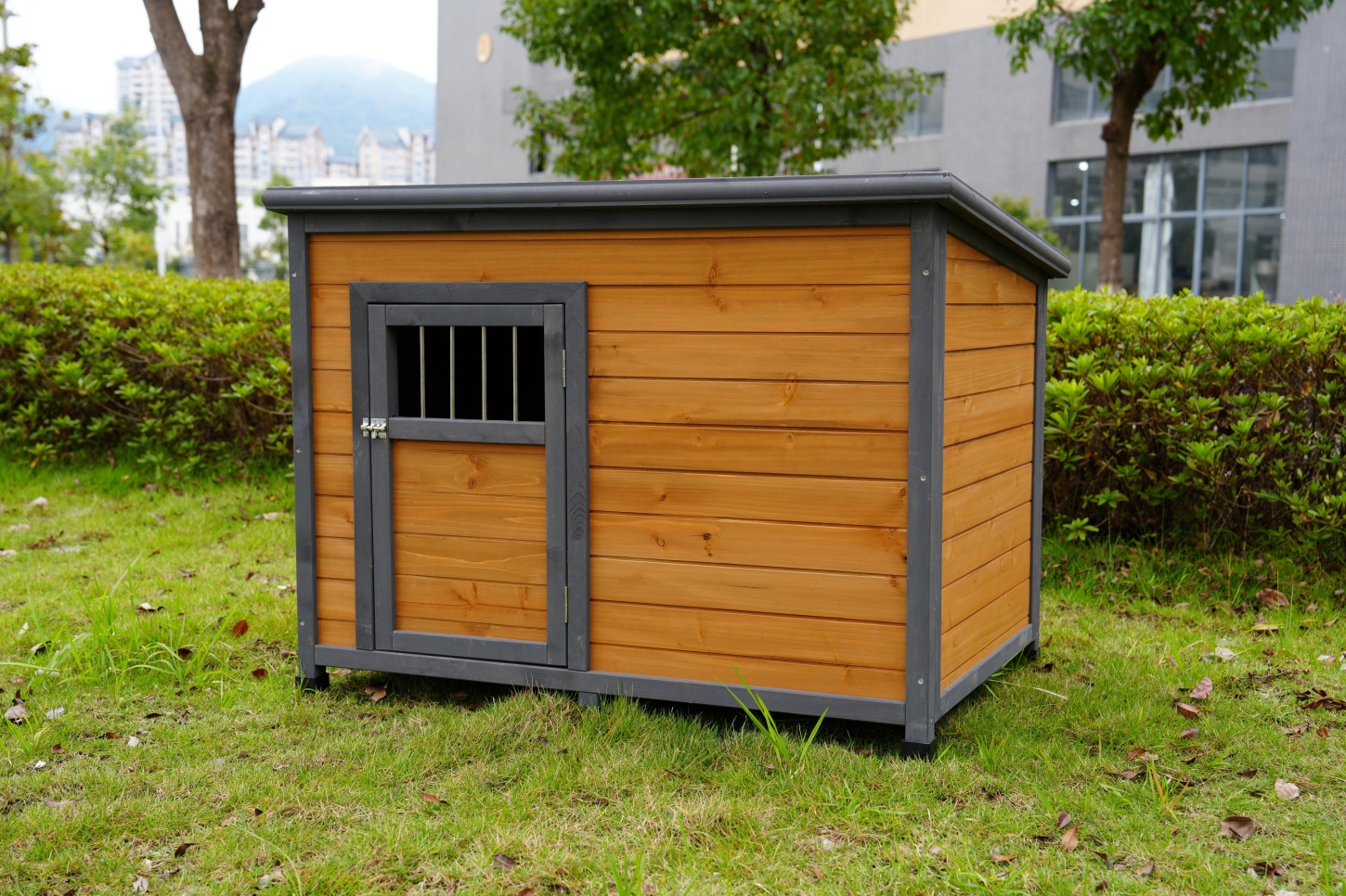 44.2" Wooden Dog House, Outdoor and Indoor Large Kennel with Elevated Feet and Breathable Wooden Doors, Weatherproof Solid Wood Doghouse for Small Large Dog