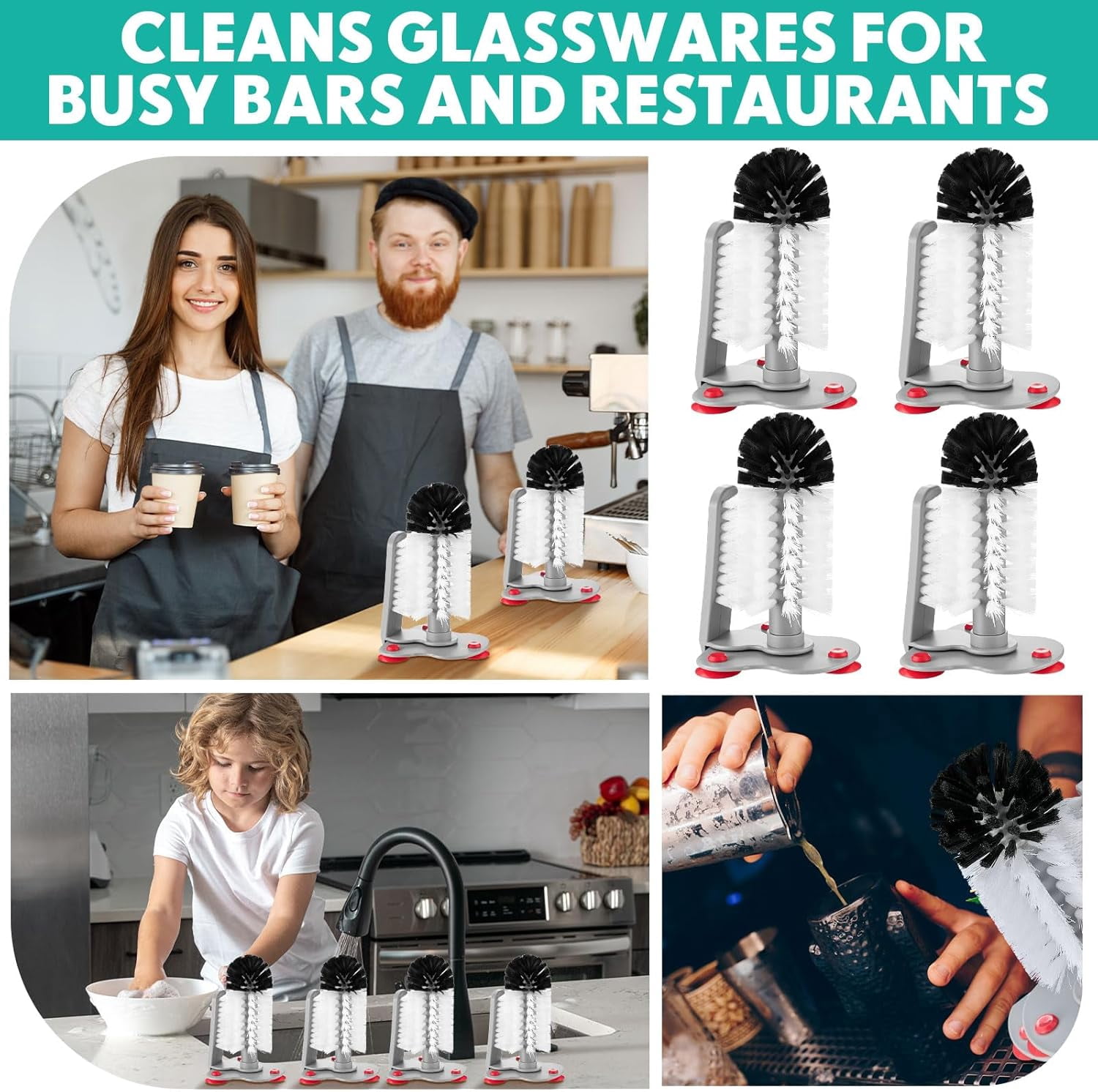 4 Pack Cup Washer Double Bristle Brush with Suction Base Glass Cleaner for Kitchen Bar Sink Wine Glass, Beer Mug (7.48'')