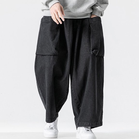 Fnnxeal Big & Tall Men's 5XL Black Loose Oversized Pants - Wide Leg, 75% Rayon 25% Polyester, Soft Breathable, Patch Pockets, Casual Street Daily Wear