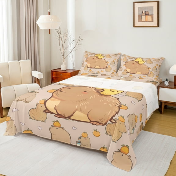 Homewish Kawaii Brown Capybara Twin Sheet Sets,Cute Yellow Duck Twin Fitted Sheet,Cartoon Animal 03 For Girl Boys,Luxury Bedroom Decor,3 Pieces