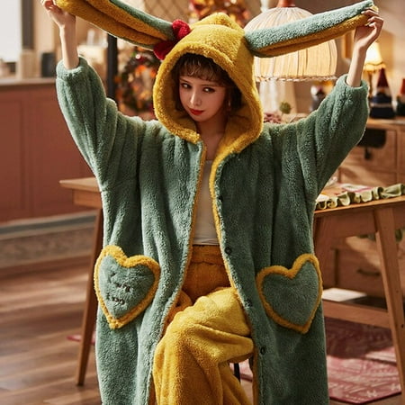

PIKADINGNIS Women Sleepwear Plus Size XXL Winter Pyjamas Intensification Nighty Loose Version Medium Style Hooded Pajamas Plush Pajama set