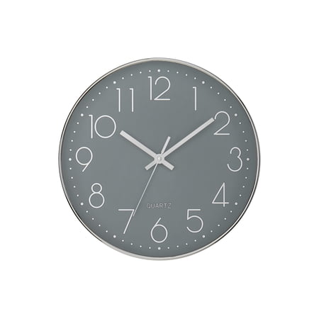 Clocks - 12 Round - Wall Clock - Gray Face - Silver Plastic Frame -Contemporary