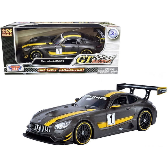 Mercedes AMG GT3 #1 Matt Gray with Yellow Stripes "GT Racing" 1/24 Diecast Model Car by Motormax