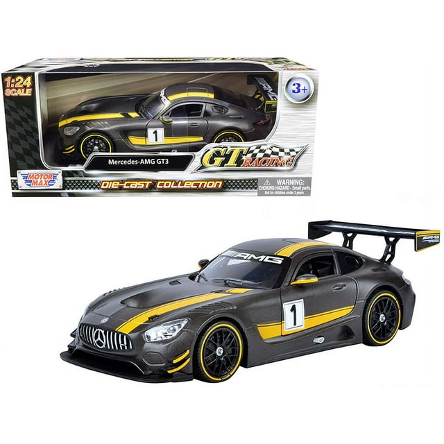 Mercedes AMG GT3 #1 Matt Grey with Yellow Stripes "GT Racing" 1/24 Diecast Model Car by Motormax