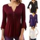 thumbnail image 2 of Camiseta holgada informal de manga de siete puntos para mujer, Túnica plisada con botones, Tops con cuello en V, ropa de verano, 2 of 5