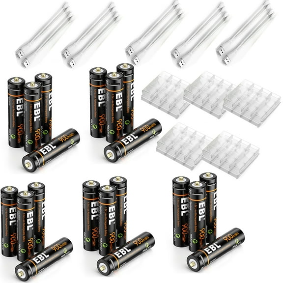 EBL 20 Pack USB Rechargeable AAA Lithium-Ion Batteries 1.5V AAA Battery 900mWh with 2 in 1 Charging Cable