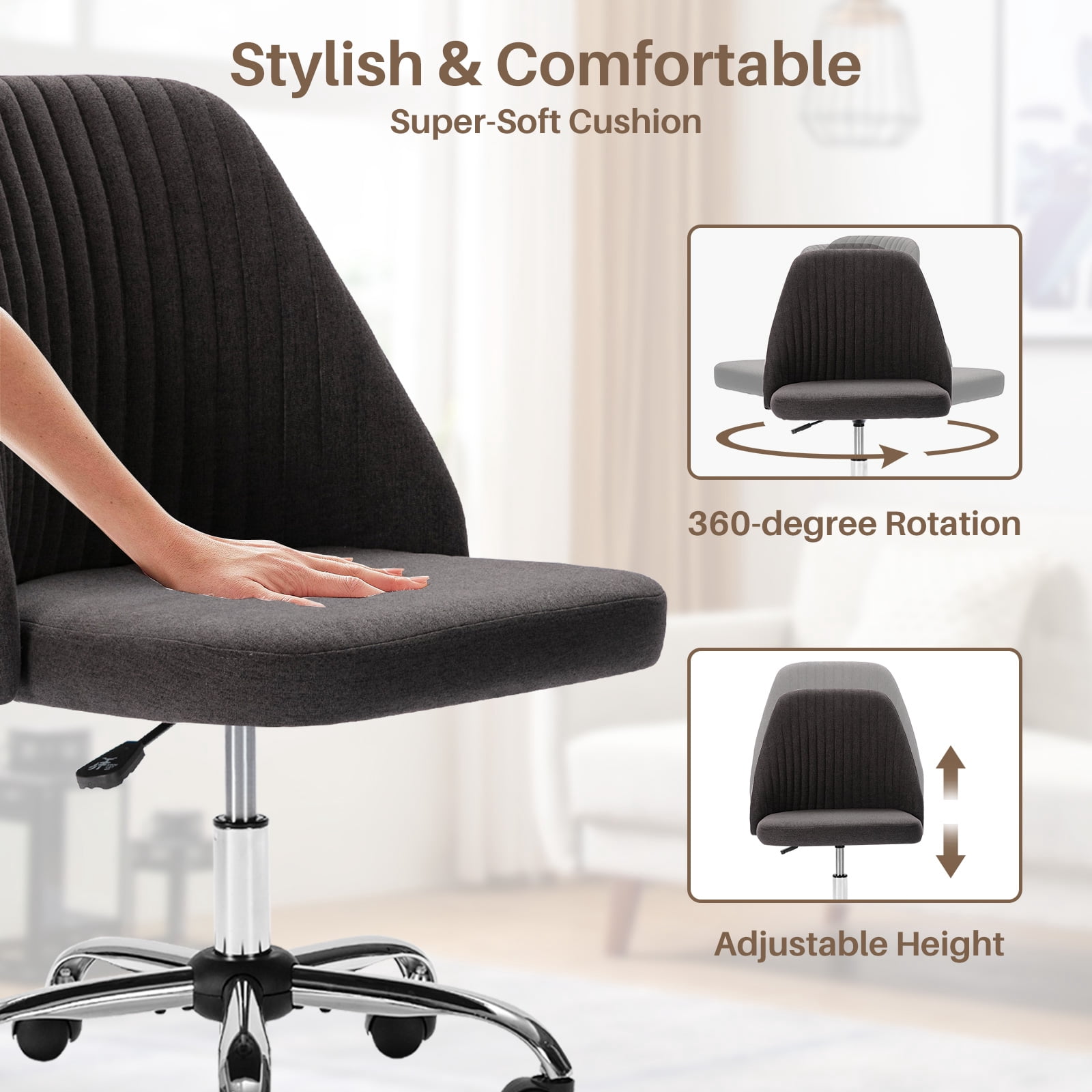 Colorful Linen Desk Chair, Comfy Thick Seat with Swivel Wheels, Armless Task Chair, Dark Gray