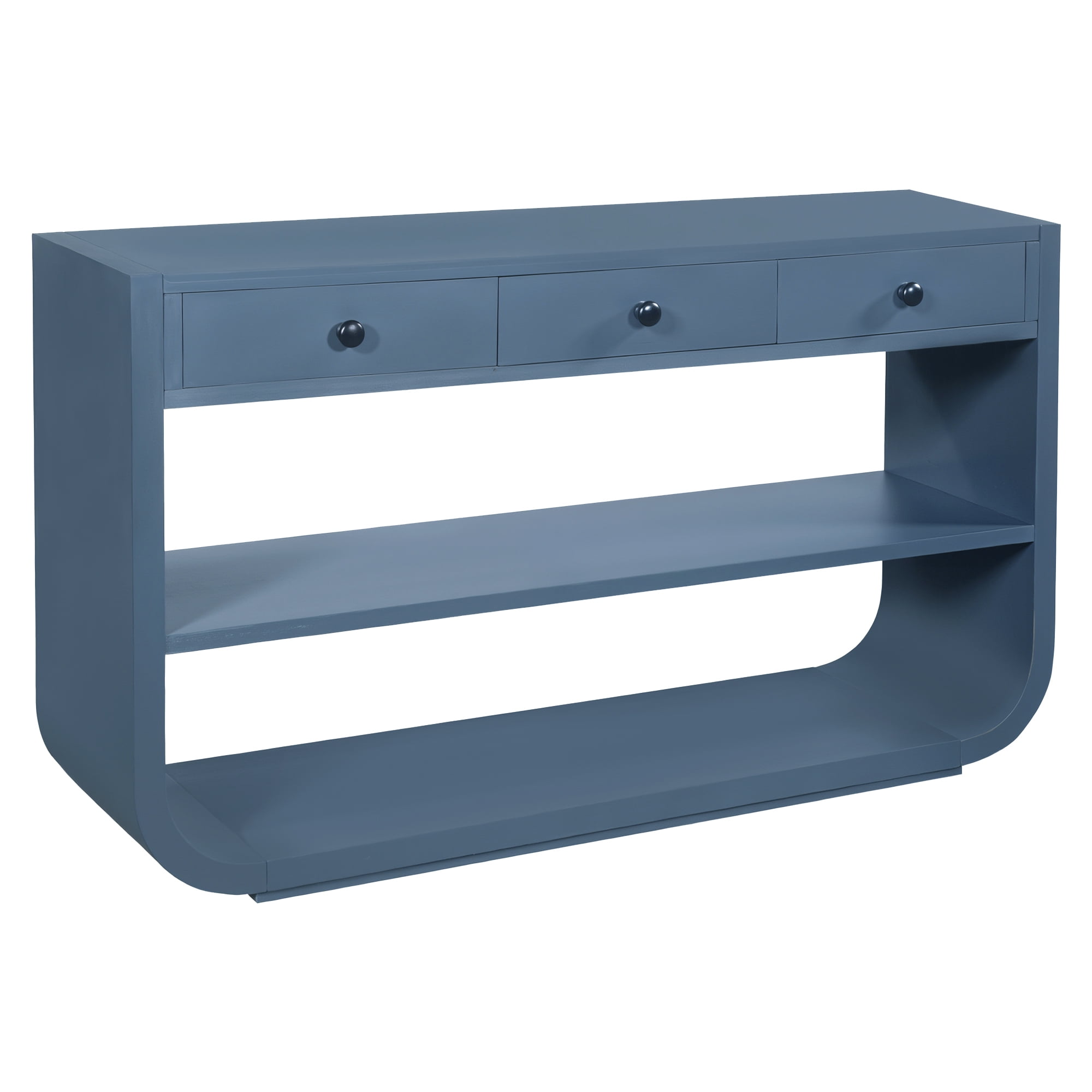 Euroco 55 Inch Curved Console Table with 3 Soft-Close Drawers, 3-Tier Entryway Table with 2 Storage Open Shelves,Wood Narrow Long Sofa Table for Living Room, Hallway, Foyer,Blue