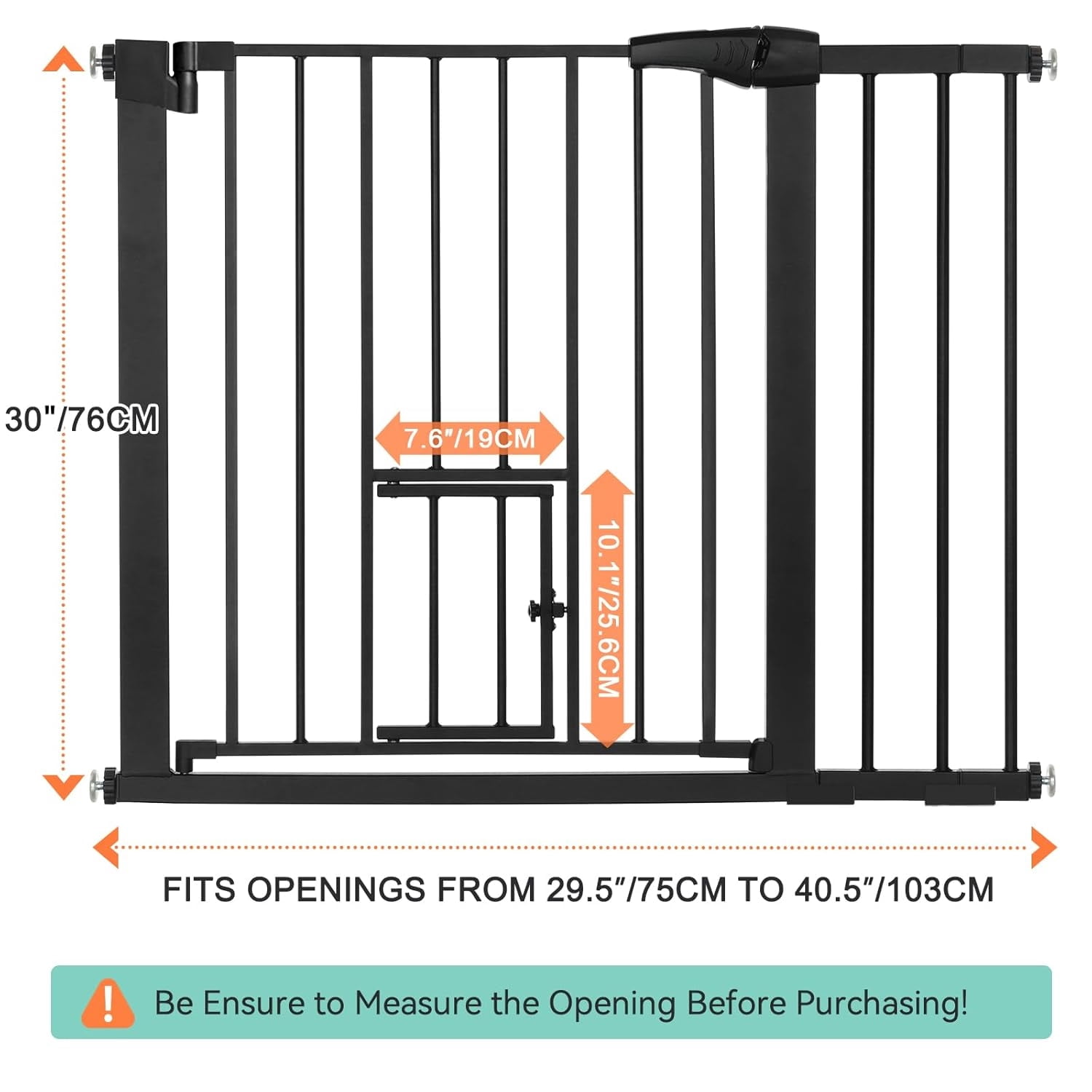 Auto Close pet Gate with Cat Door, 29.5"-40.5" Extra Wide Dog Gate for House Doorways Stairs, Pressure Mounted Easy Walk Thru Pet Gate, Includes 4 Wall Cups and 2 Extension Pieces, Black