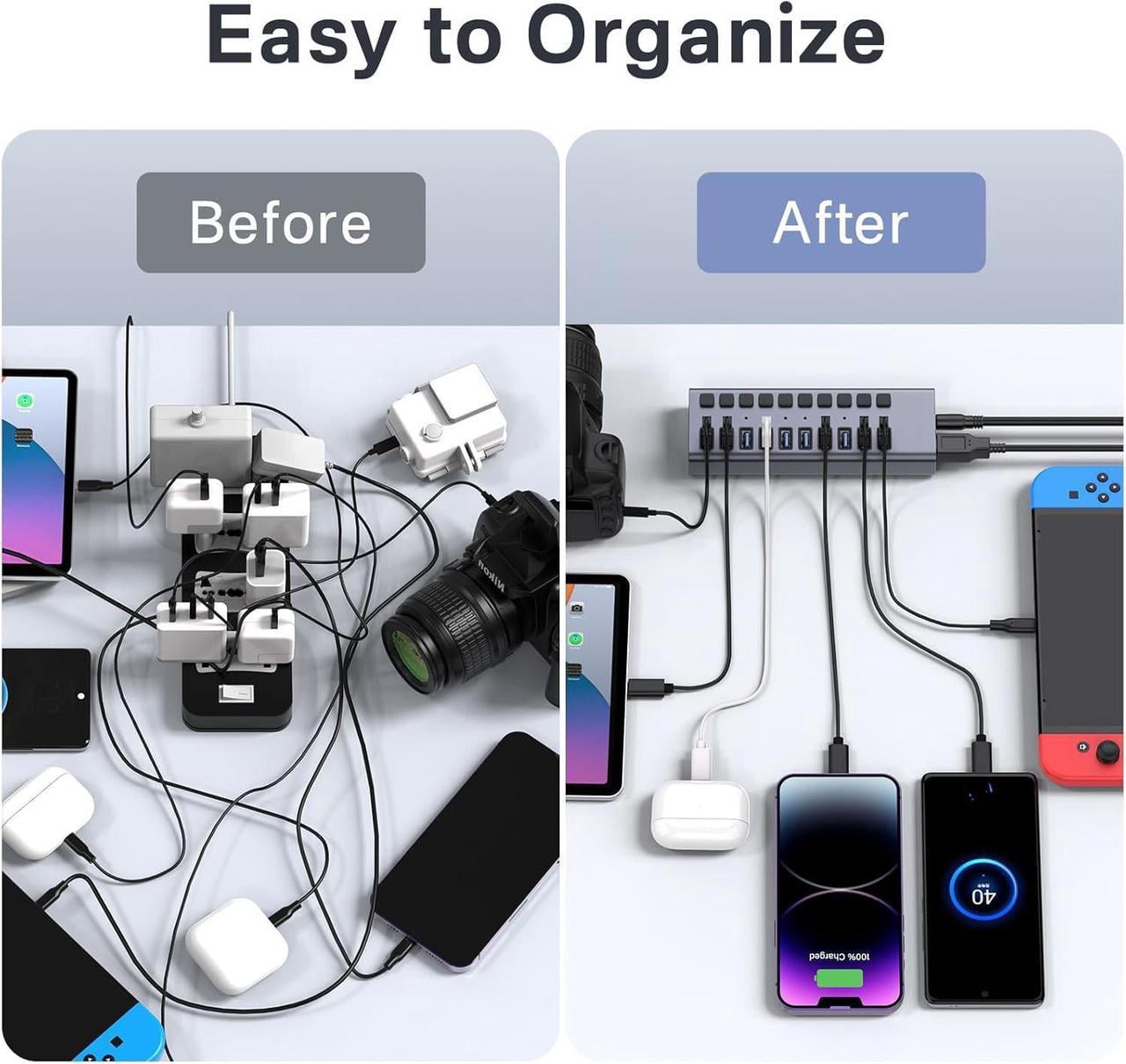 Powered USB Hub,10 Ports USB 3.1 Hub with 10Gbps Data Speed, Individual On/Off Switches, 12V4A 48W Power Adapter, USB Hub 3.1 Powered for MacBook, Mac Pro/Mini, Surface Pro Laptop/PC