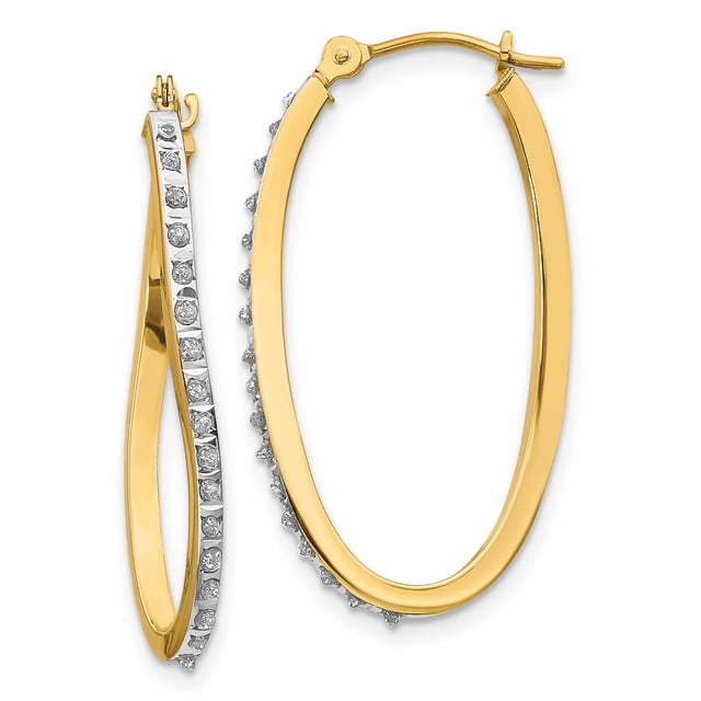 14k Yellow Gold Diamond Twist Hinged Hoop Earrings Oval