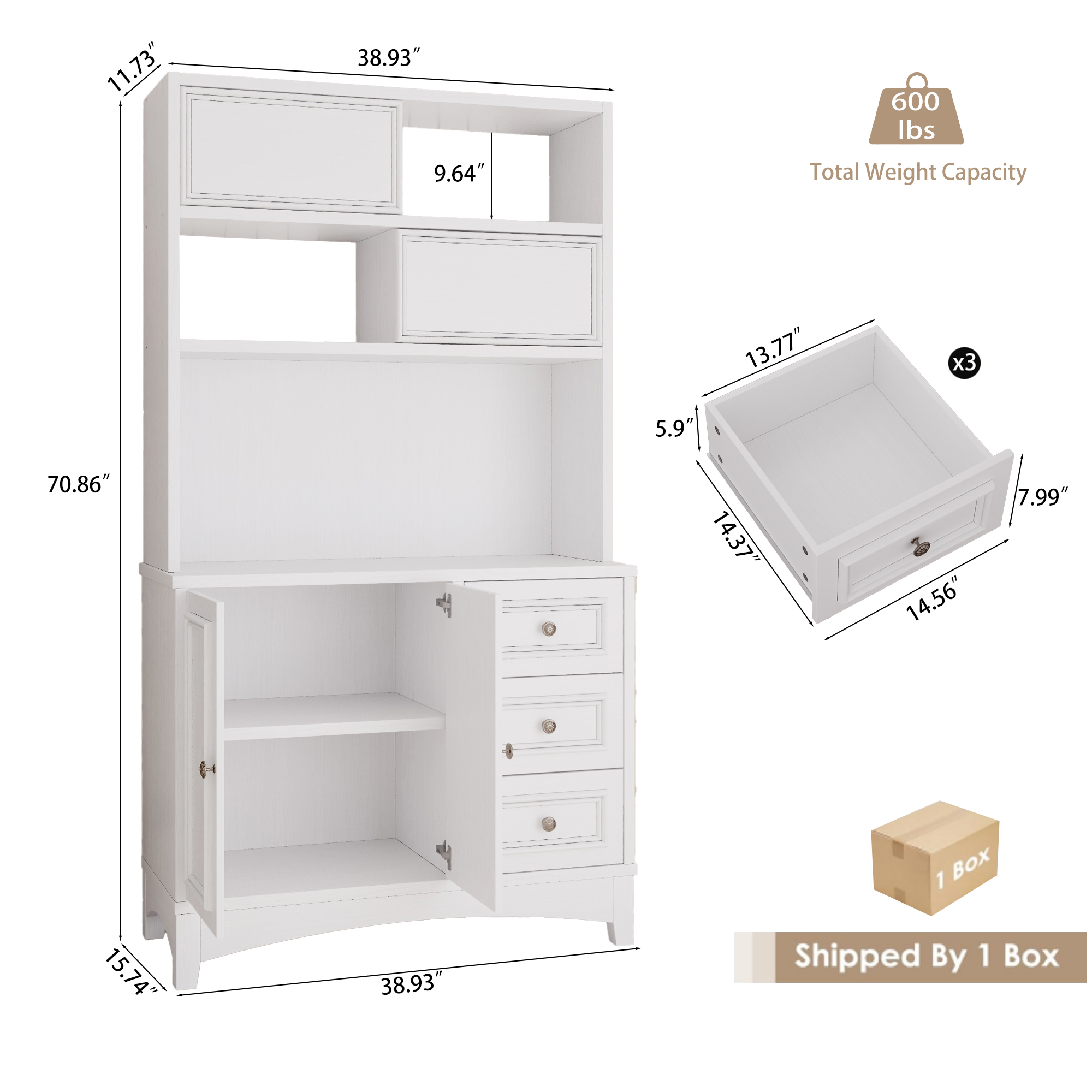 71" Tall Kitchen Pantry Cabinet with Charging Station, Large Food Pantry Storage Cabinet with Microwave Stand for Dining Room, White