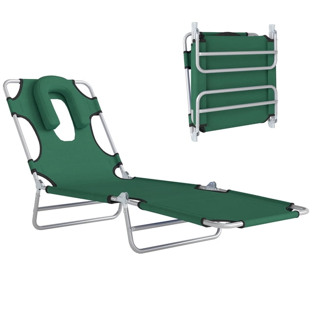 Folding Outdoor Lounge Chair with Face Hole and Pillow, 5-Position Adjustable Steel Frame Beach Chaise Lounger, Portable Oxford Fabric Sunbed for Pool, Patio or Camping, Green