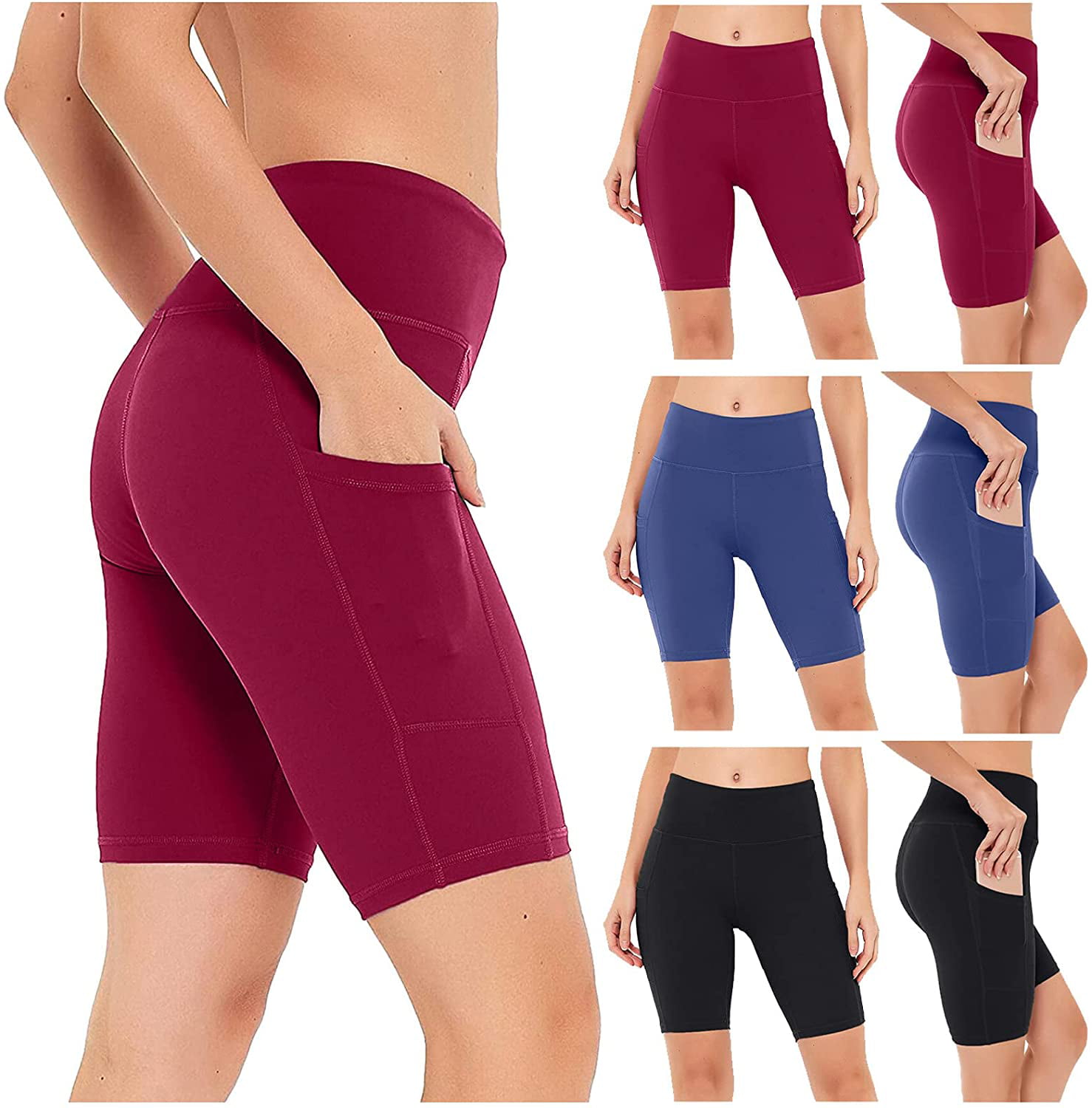 Tummy Control Stretchy Yoga Shorts for Workout Running High Waist Biker Shorts with Pockets for Women