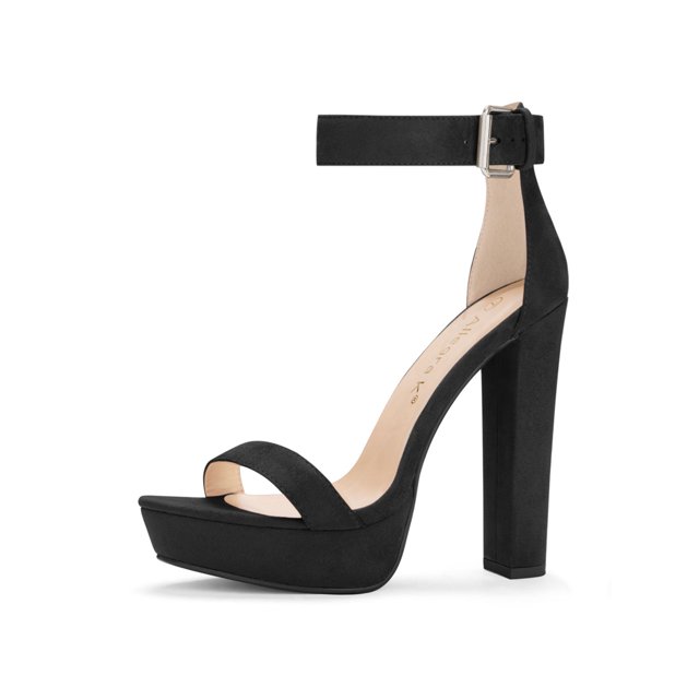 BLISSFUL STEP Women's Shoes Faux Suede Ankle Strap Open Toe High Chunky Heel Platform Sandals Black 9.5