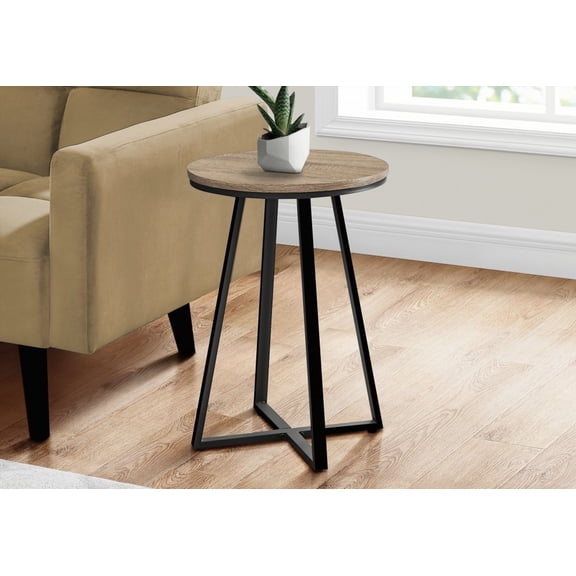Modern Round End Table with Brown Laminate & Black Metal Base