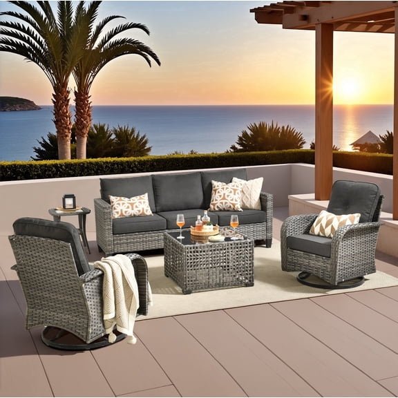 XIZZI 5-Pieces Patio Furniture Sets with Swivel Chairs, Solar Coffee Table, All-Weather Wicker Rattan Outdoor Furniture Conversation Set for Porch, Patio, Backyard, 5 seats-Black