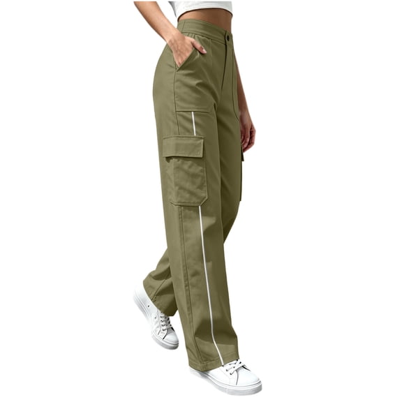 Luvrsol Women Cargo Wide Leg Pants Elastic Drawstring Waist Casual Straight Long Trousers with Multi Pockets S-2XL