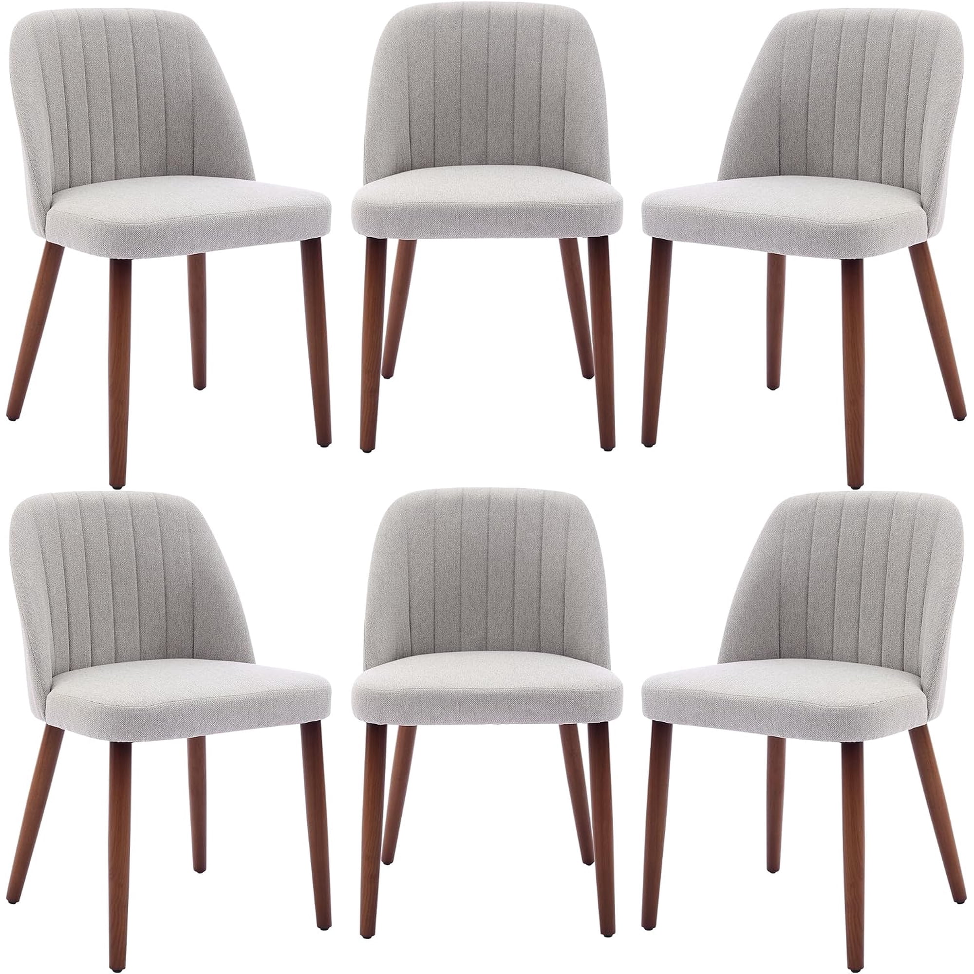 Wooden Dining Chairs Set of 6 Mid Century Modern Upholstered Kitchen Chairs with Rubberwood Legs and Curved Backrest Fabric Side Chairs for Dining Room Office and Home