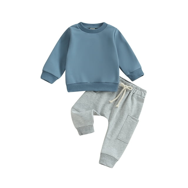 ZAXARRA Toddler Boy Fall Outfits Solid Color Crew Neck Long Sleeve Sweatshirt and Long Pants Set 2Pcs Clothes Set