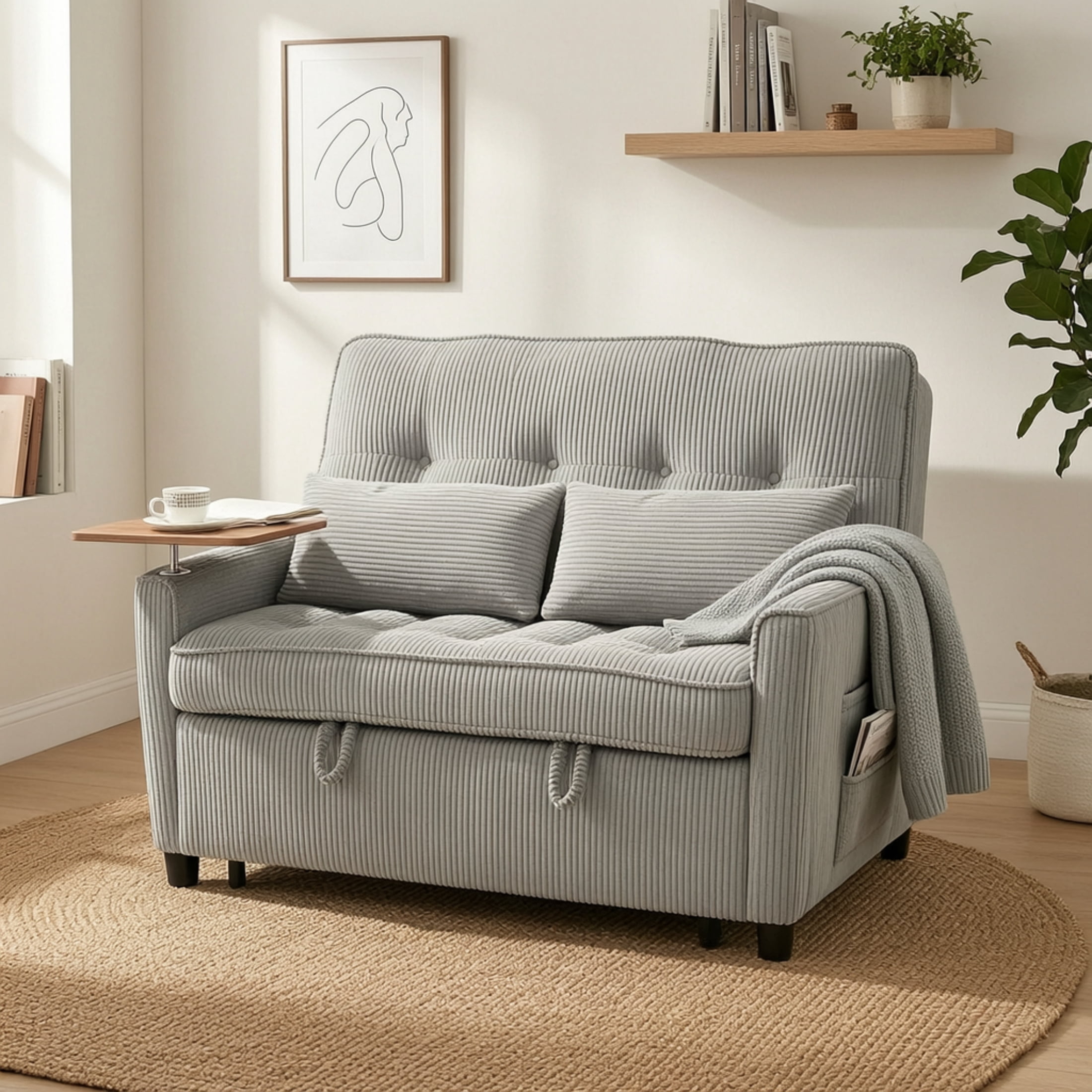 Vinform 54" Convertible Sleeper Sofa Bed, 3 in 1 Pull Out Loveseat with Arm Table and USB Port for Small Spaces, Corduroy, Gray