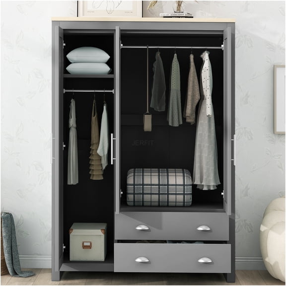 JERFIT 3 Door Armoire with 2 Drawers & 2 Hanging Rods, Freestanding Closet Organizer for Bedroom, Gray