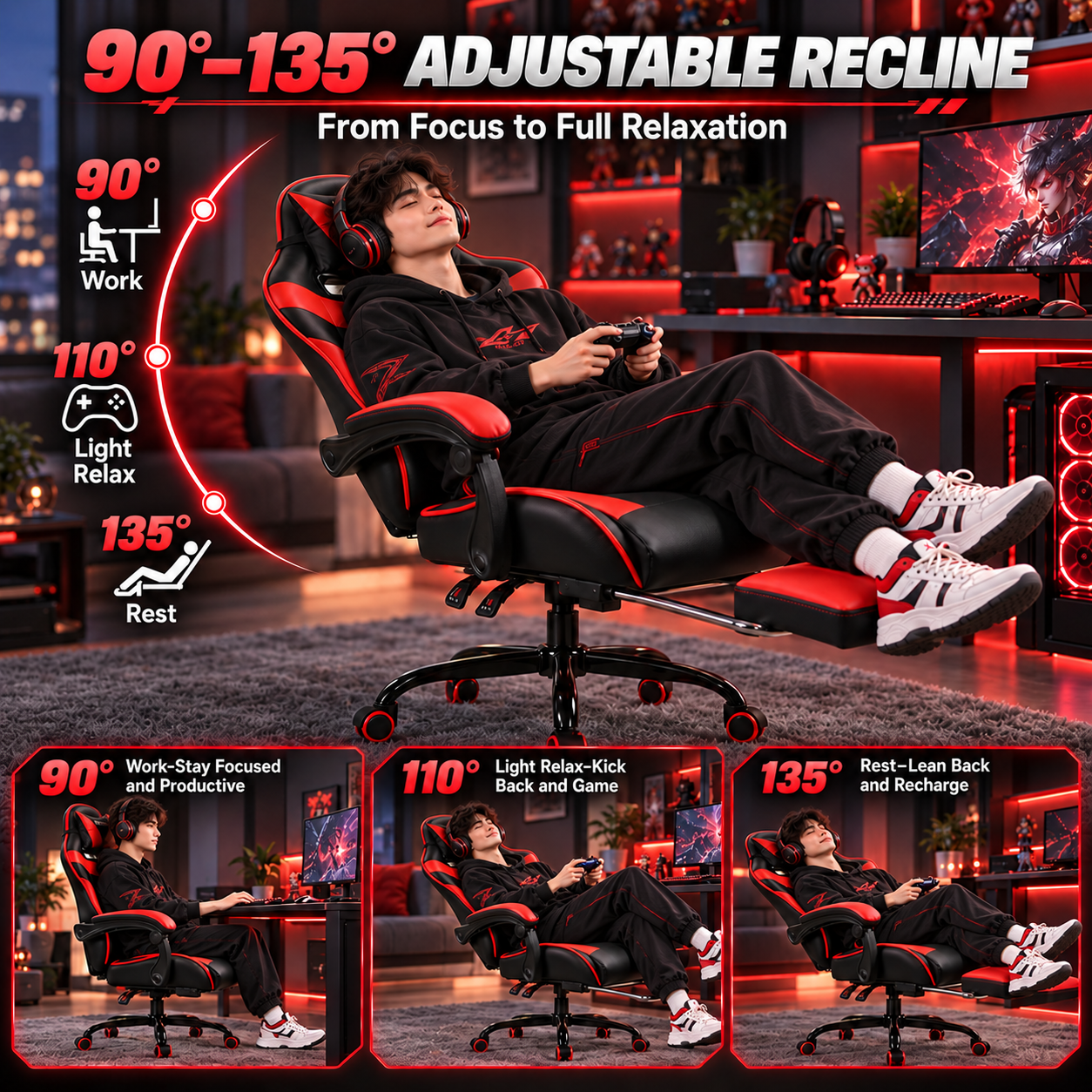 Seenda Gaming Chair with Footrest and Lumbar Support, Red photo 4