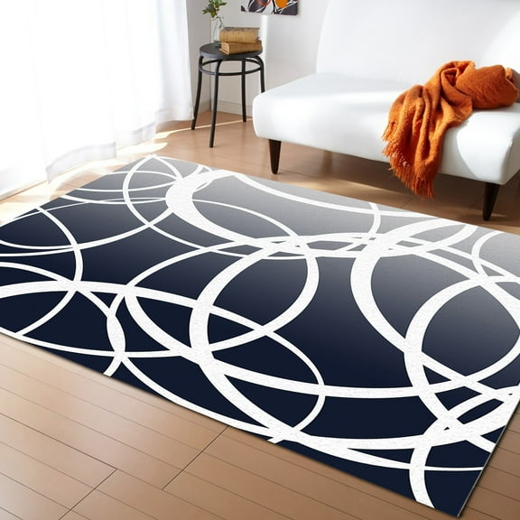 Area Rug 5'x7' Navy Blue Grey Modern Art Geometric Circles Abstract Washable Area Rugs Non Shedding Floor Carpet Rubber Backing Non-Slip Indoor Mats for Living Room Bedroom Kitchen