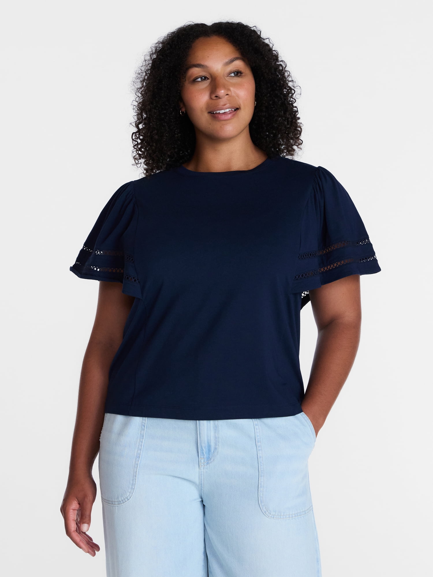 Time and Tru Women’s Crewneck Top with Lace Inset Flounce Sleeves, Sizes XS-XXXL