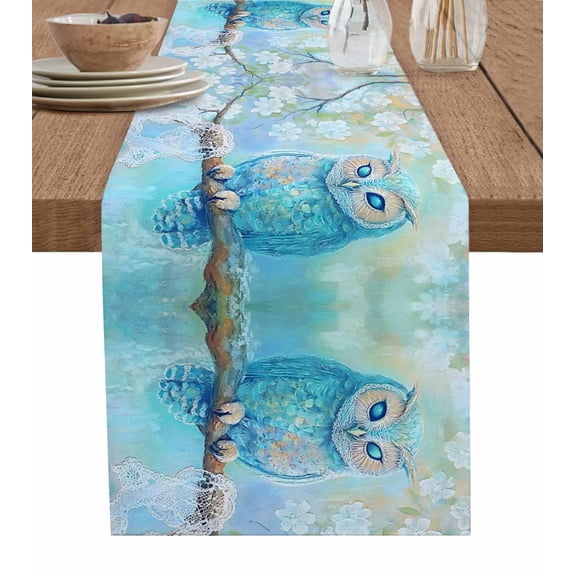 Hokiten Table Runners 72 Inches Long Dress Scarves, Teal Blue Owl Farmhouse Kitchen/Dining Table Runner, Coffee Tablerunners, Modern Flowers Birds on Branch 13x72 Inch