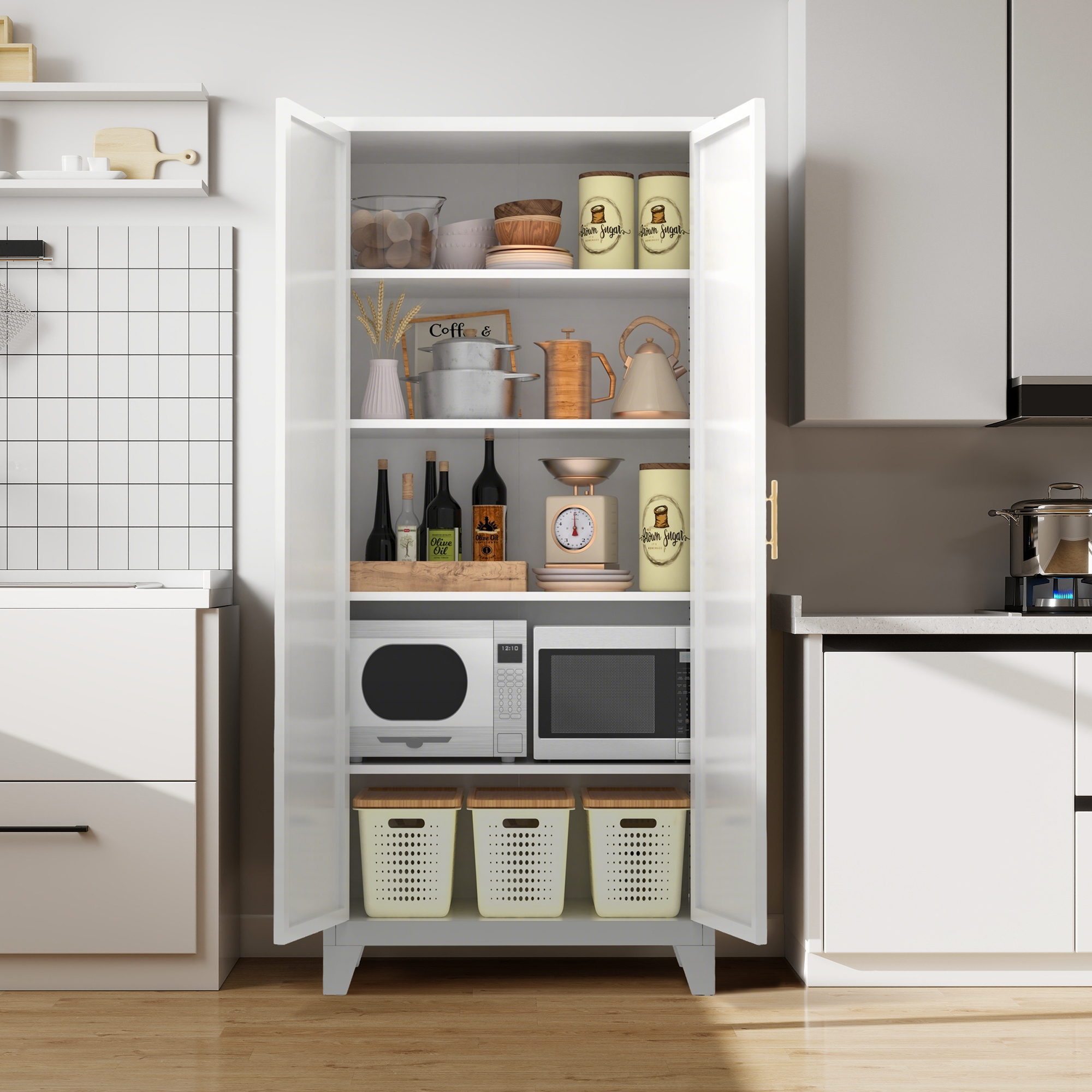 Aukfa 71" Tall Metal Pantry Cabinet,Kitchen Storage Cabinet with Adjustable Shelves for Kitchen/Dining Room/Living Room, White