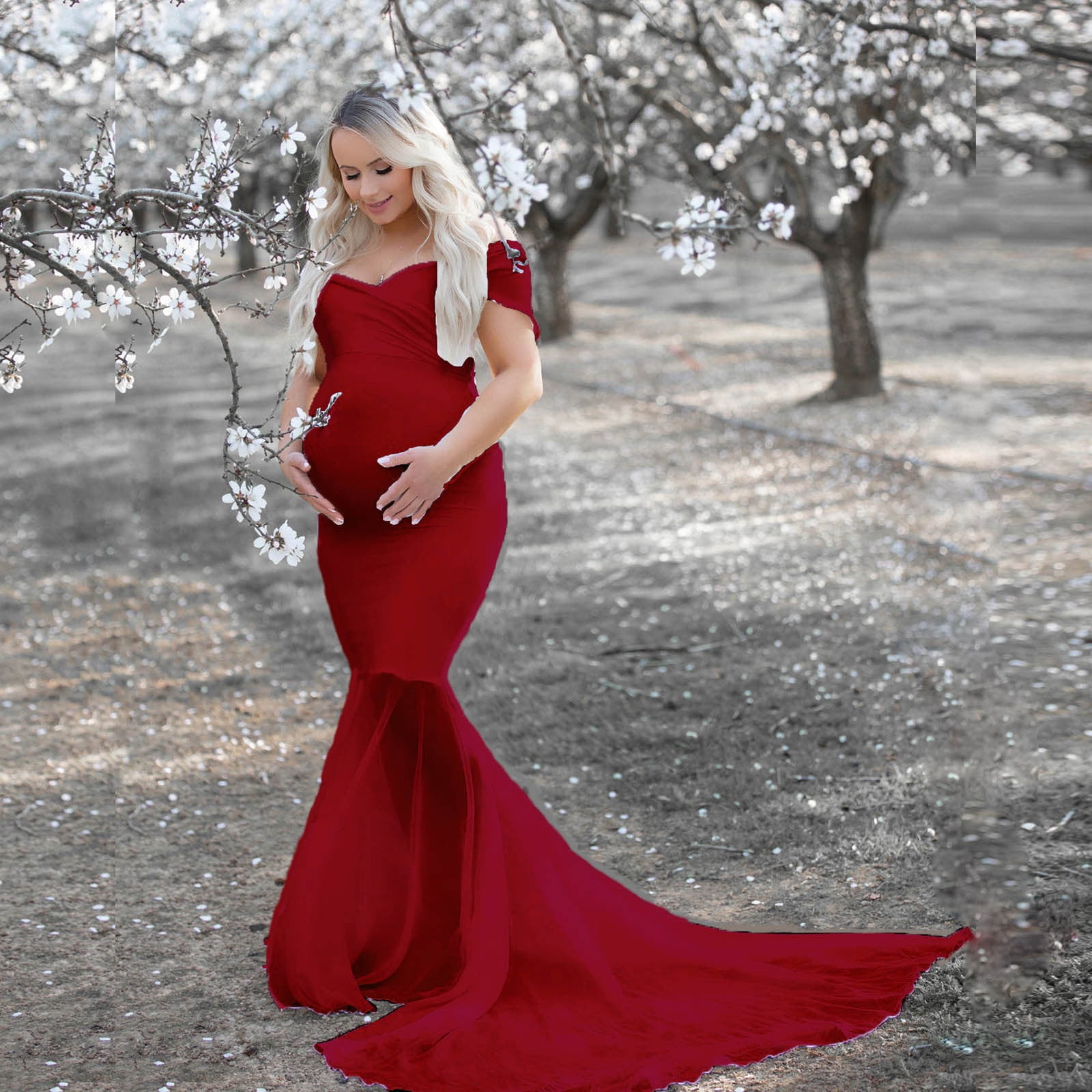 Vivianyo HD Pregnant Plus Women Pregnants Chiffon Splicing Photography Props Trapless Long Maternity Dress Rollbacks Red -