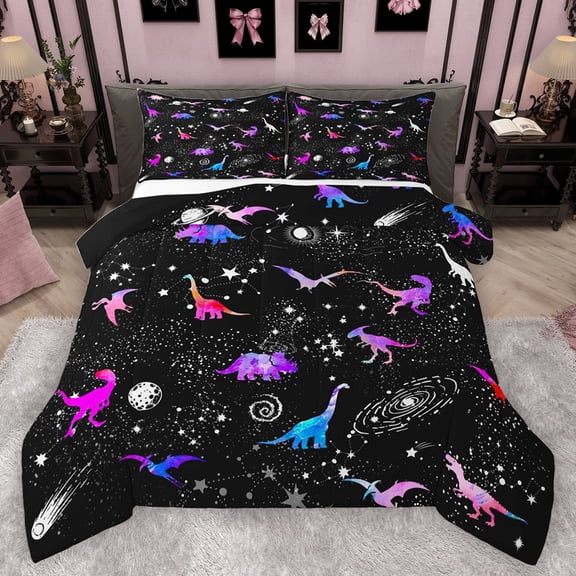 Homewish Cute Animal Dino Bedding Comforter Set 2pcs for Kids Teens,Starry Sky Twin Comforter Sets Microfiber,Gradient Galaxy Breathable Bedding Set,Luxury Bedroom Decor,Reversible