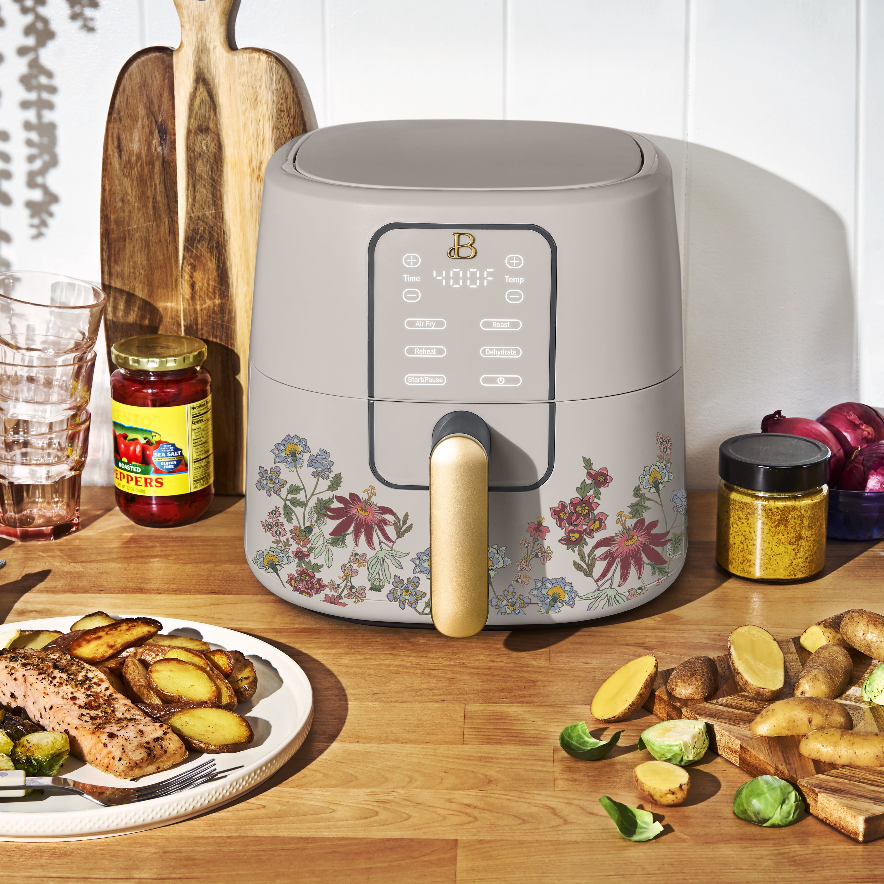 Beautiful 6 Qt Air Fryer with TurboCrisp Technology, EverGood Non-Toxic Ceramic Nonstick Coating, Wildflower Porcini Taupe by Drew Barrymore