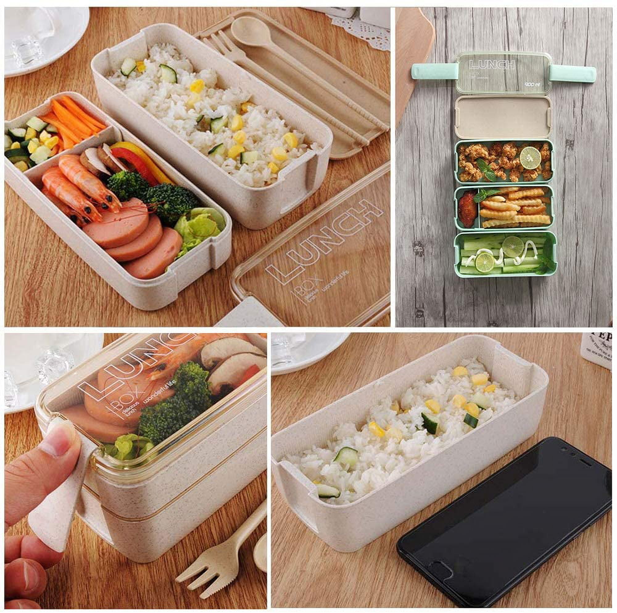 Hands DIY Wheat Straw Bento Box Lunch ,3 Compartment Sealed Bento Box with  Spoon and Chopsticks Leakproof for Kid Adults Working Schools ,Suitable for