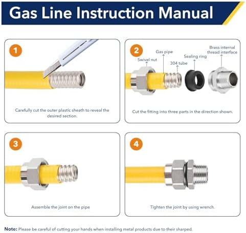 33ft 1/2 inch CSST Flexible Yellow Propane Gas line, Corrugated Stainless Steel 304 Hose, with Total 4 Male Adapter Fittings, Natural Grill Pipe kit