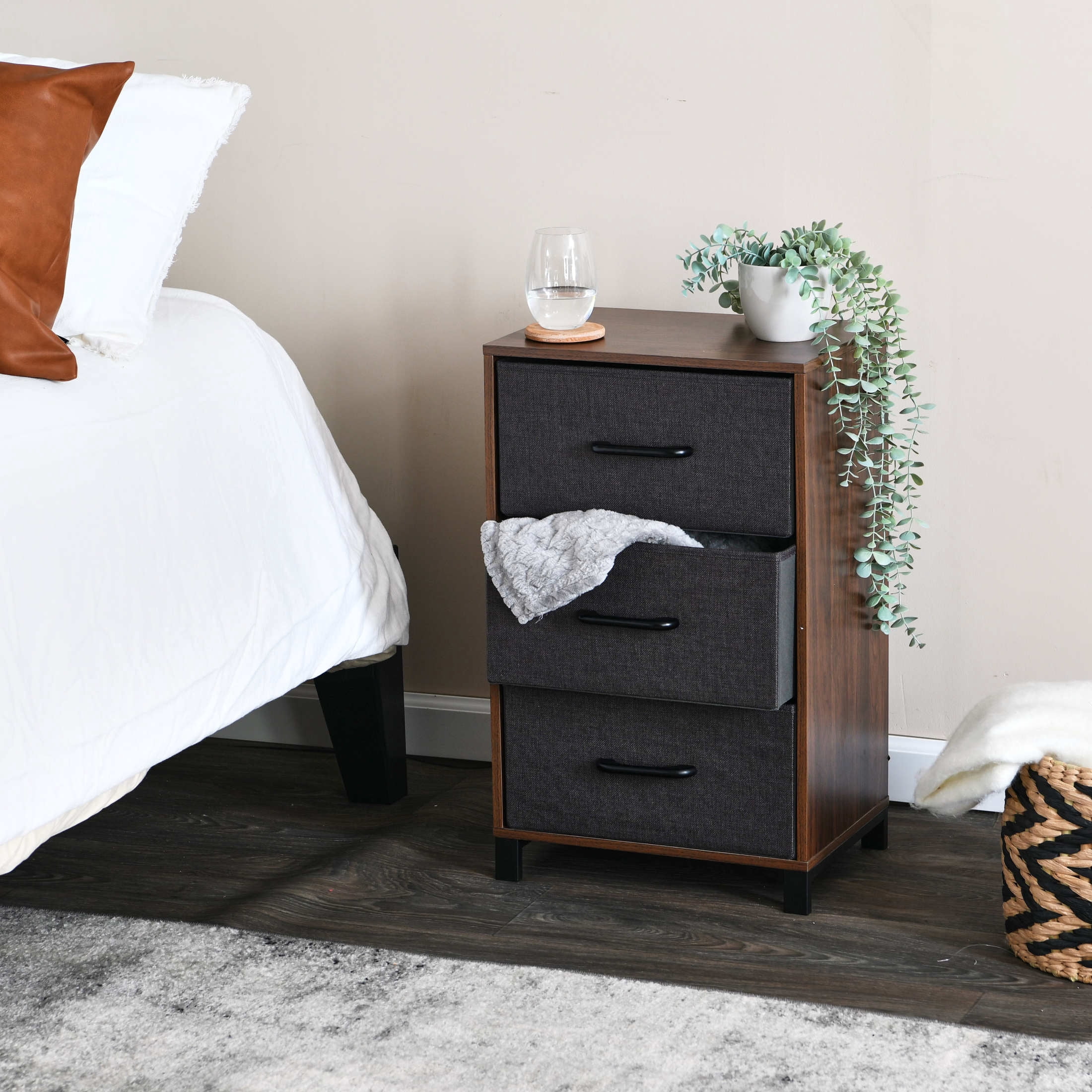 Household Essentials Dresser Nightstand Chest of Drawers Mid Century Walnut Wood Grain with 3 Dark Grey Strorage Drawers