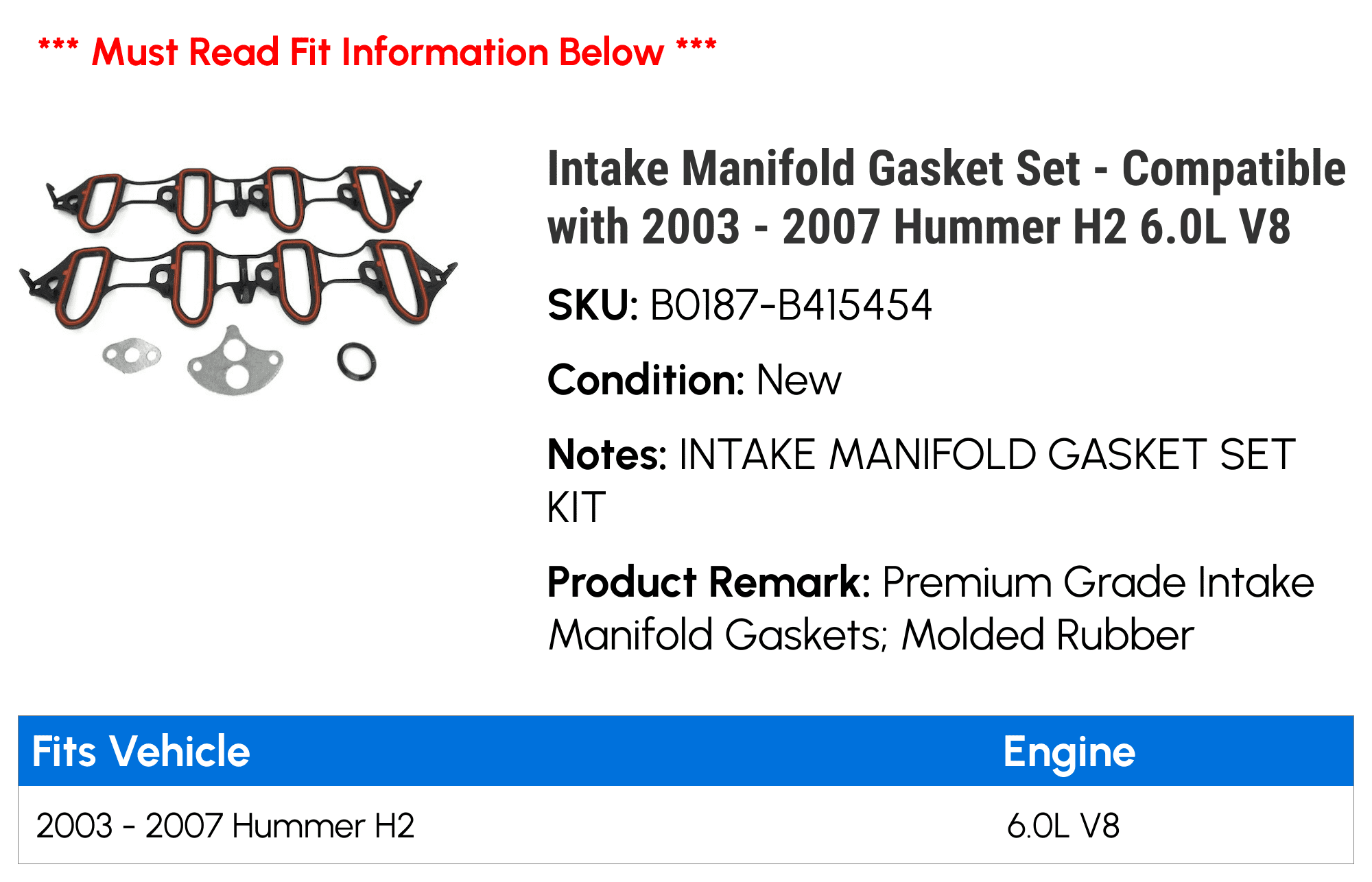 Intake Manifold Gasket Set - Compatible with 2003 - 2007 Hummer H2 6.0L V8 - Replacement