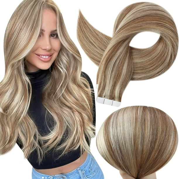 - Extensiones de cabello humano adhesivas, con adhesivo invisible de doble cara, color 10P613 castaño dorado con refle