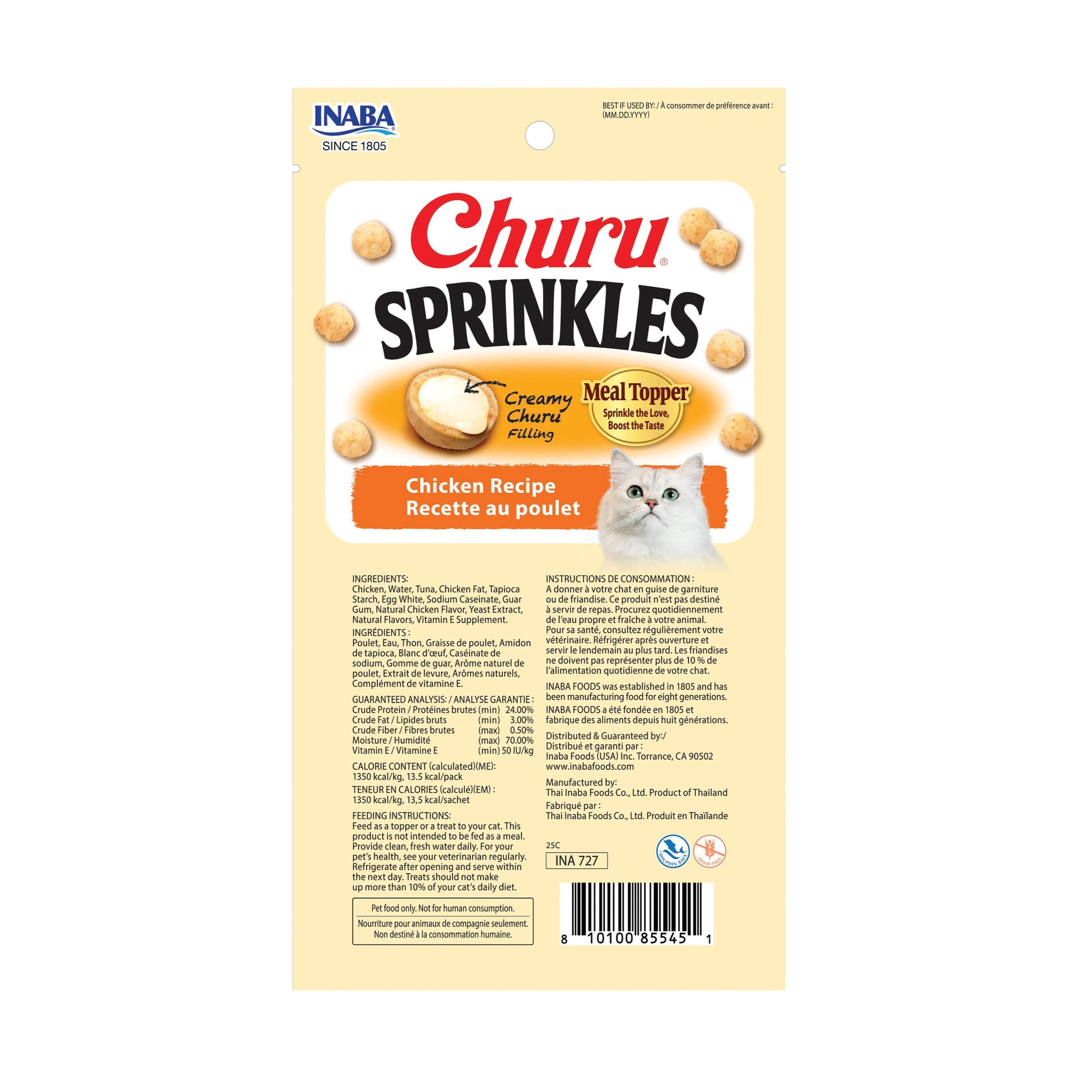 (16 pack) INABA Churu Sprinkles Cat Meal Topper, Soft & Chewy Baked Chicken with Taurine, Chicken Recipe, 0.35 oz Packs, 3‑Count